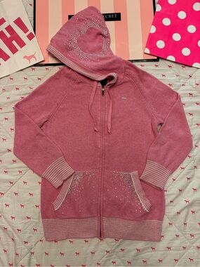 VS PINK VINTAGE Y2K KNIT SWEATER CARDIGAN HOODIE HEART BLING RHINESTONES RARE LG
